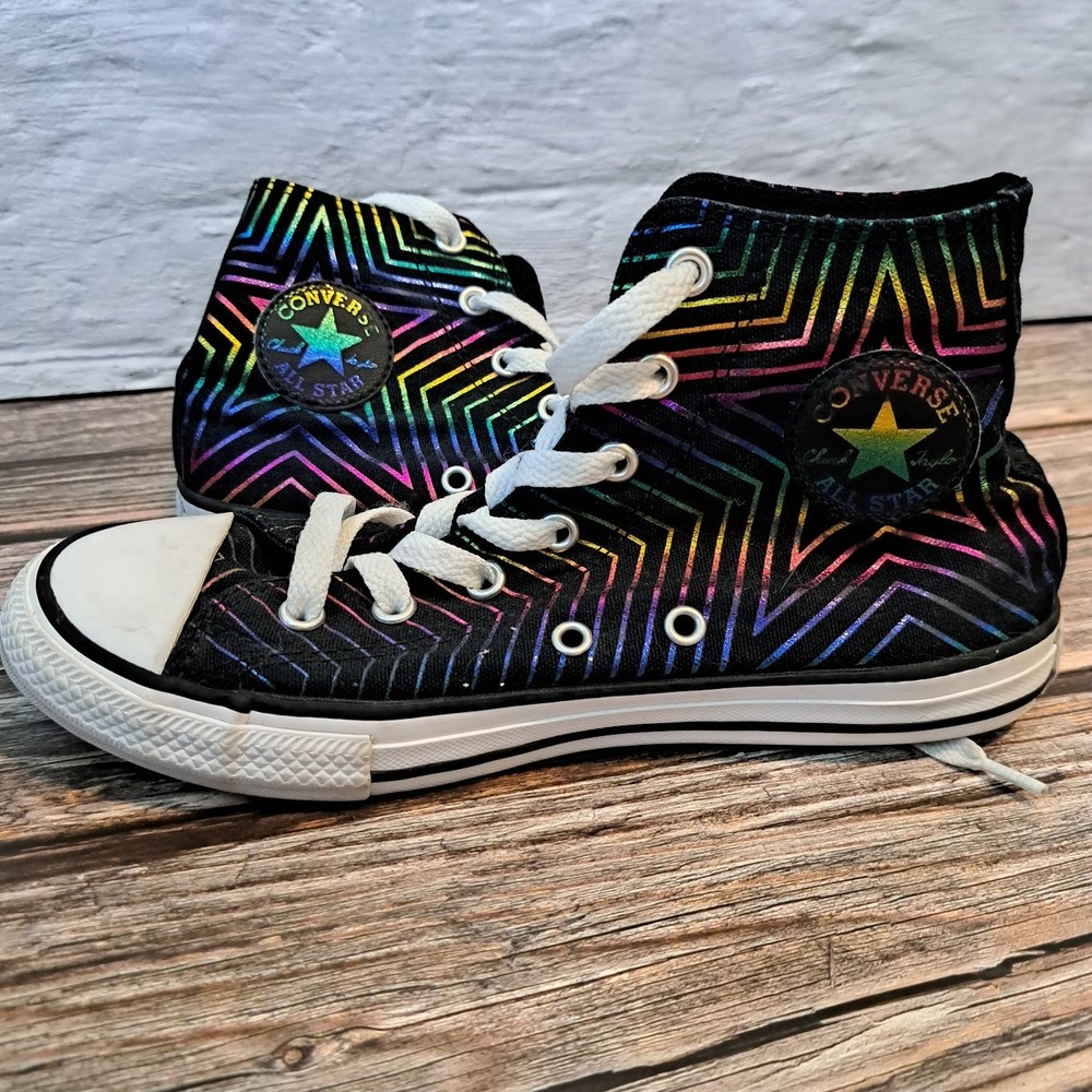 Converse Chuck Taylor‎ All Star High Top Rainbow Foil Star Black Sneakers Kids 3